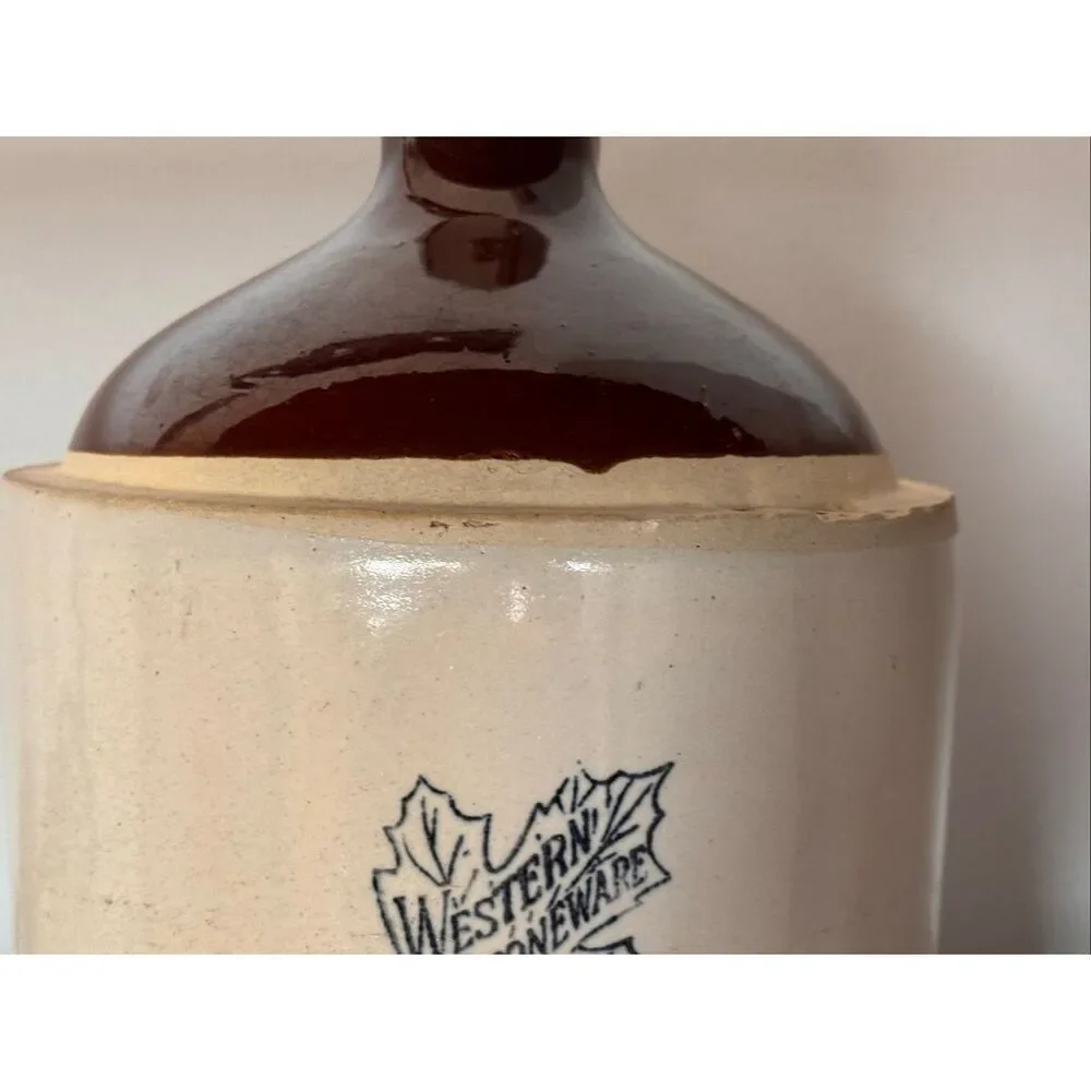 Vintage Western Stoneware Maple Leaf Crock Jug/Two Tone - Brown Glazed Top